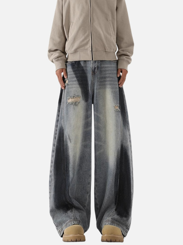 Ink-Wash Distressed Wide-Leg Flare Jeans